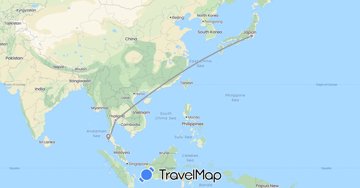 TravelMap itinerary: driving, plane in Japan, Thailand (Asia)