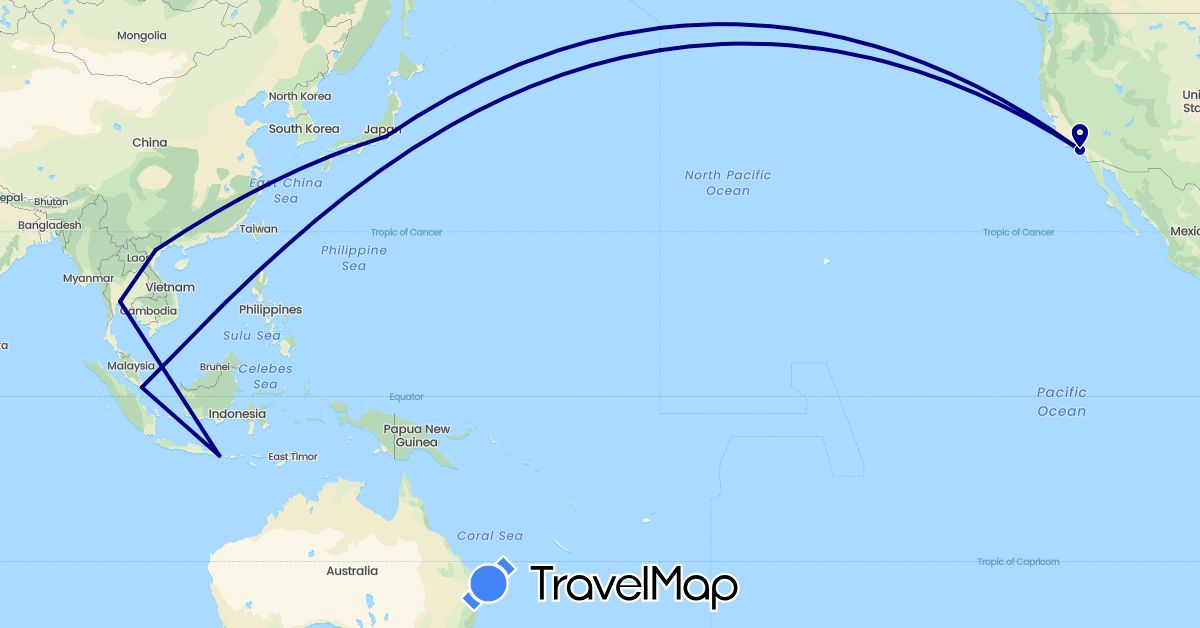 TravelMap itinerary: driving in Indonesia, Japan, Singapore, Thailand, United States, Vietnam (Asia, North America)