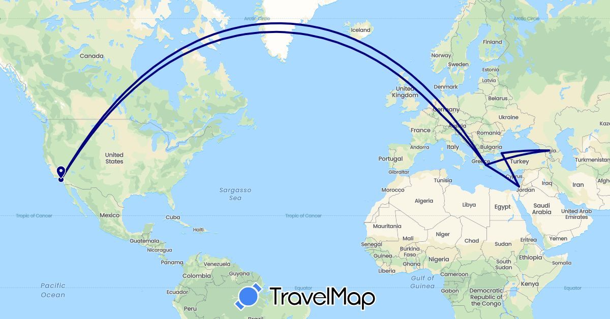 TravelMap itinerary: driving in Germany, Georgia, Greece, Israel, Turkey, United States (Asia, Europe, North America)