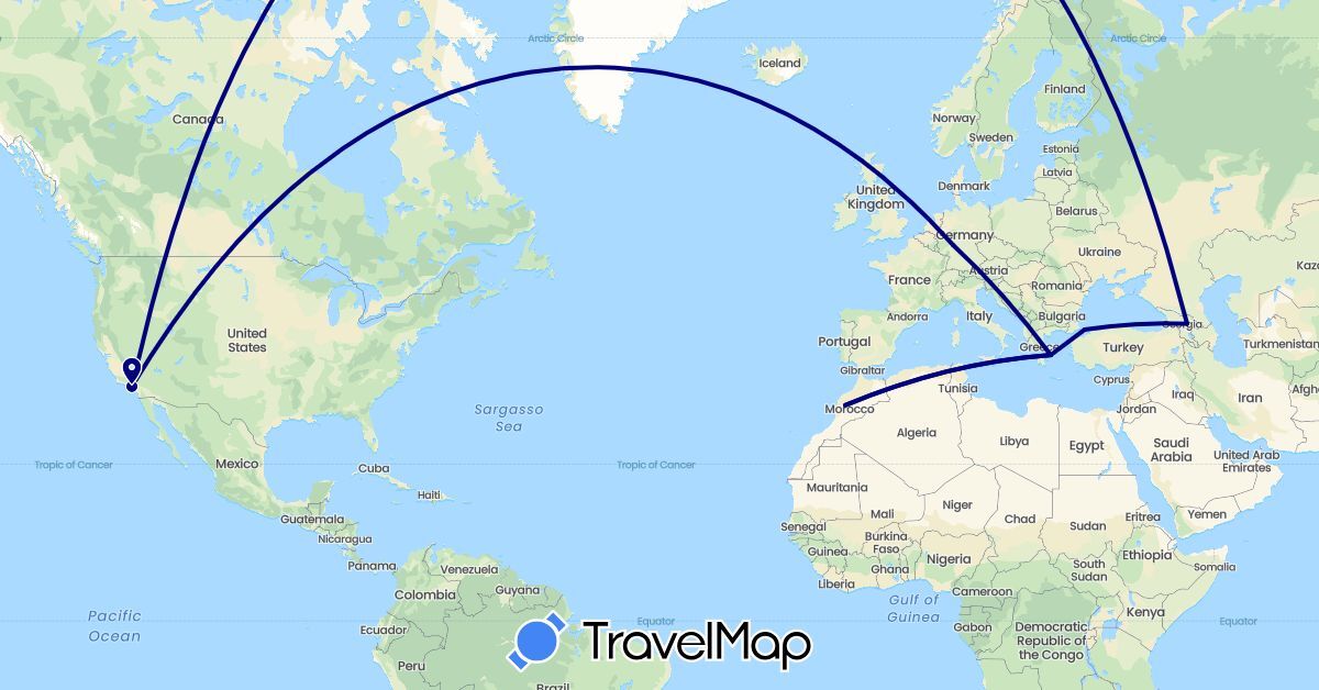 TravelMap itinerary: driving in Germany, Georgia, Greece, Morocco, Turkey, United States (Africa, Asia, Europe, North America)