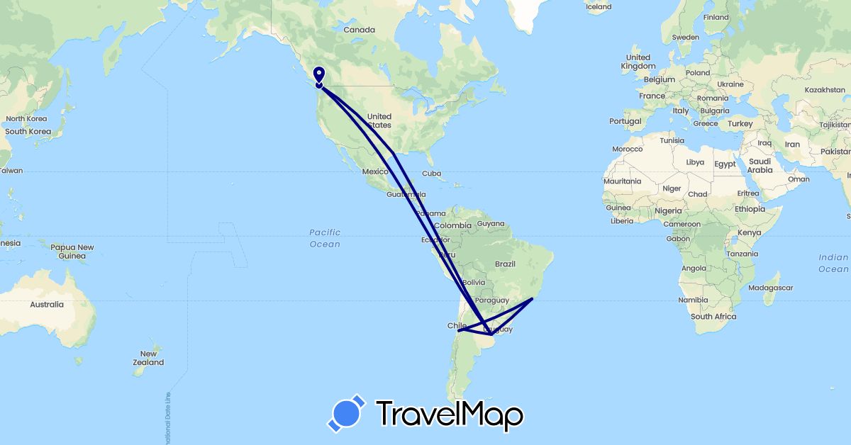 TravelMap itinerary: driving in Argentina, Brazil, Canada, Chile, United States (North America, South America)